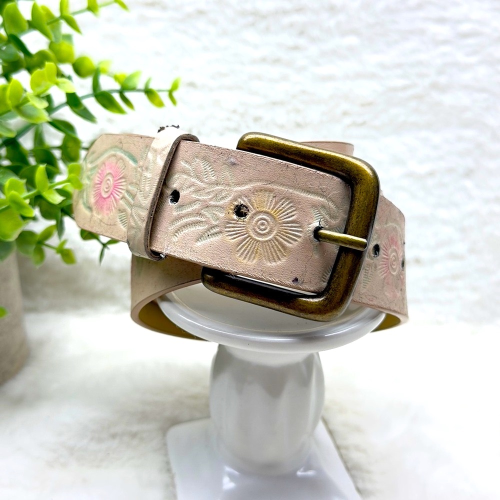 Floral Embossed Belt - Cream with Pink and Blue Accents - Picture 6 of 11
